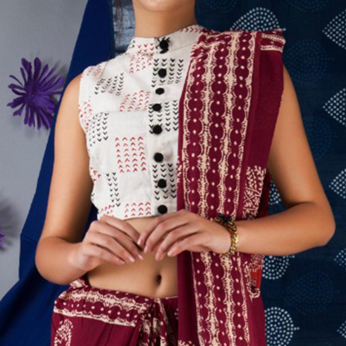 Maroon Floral Printed Linen Saree