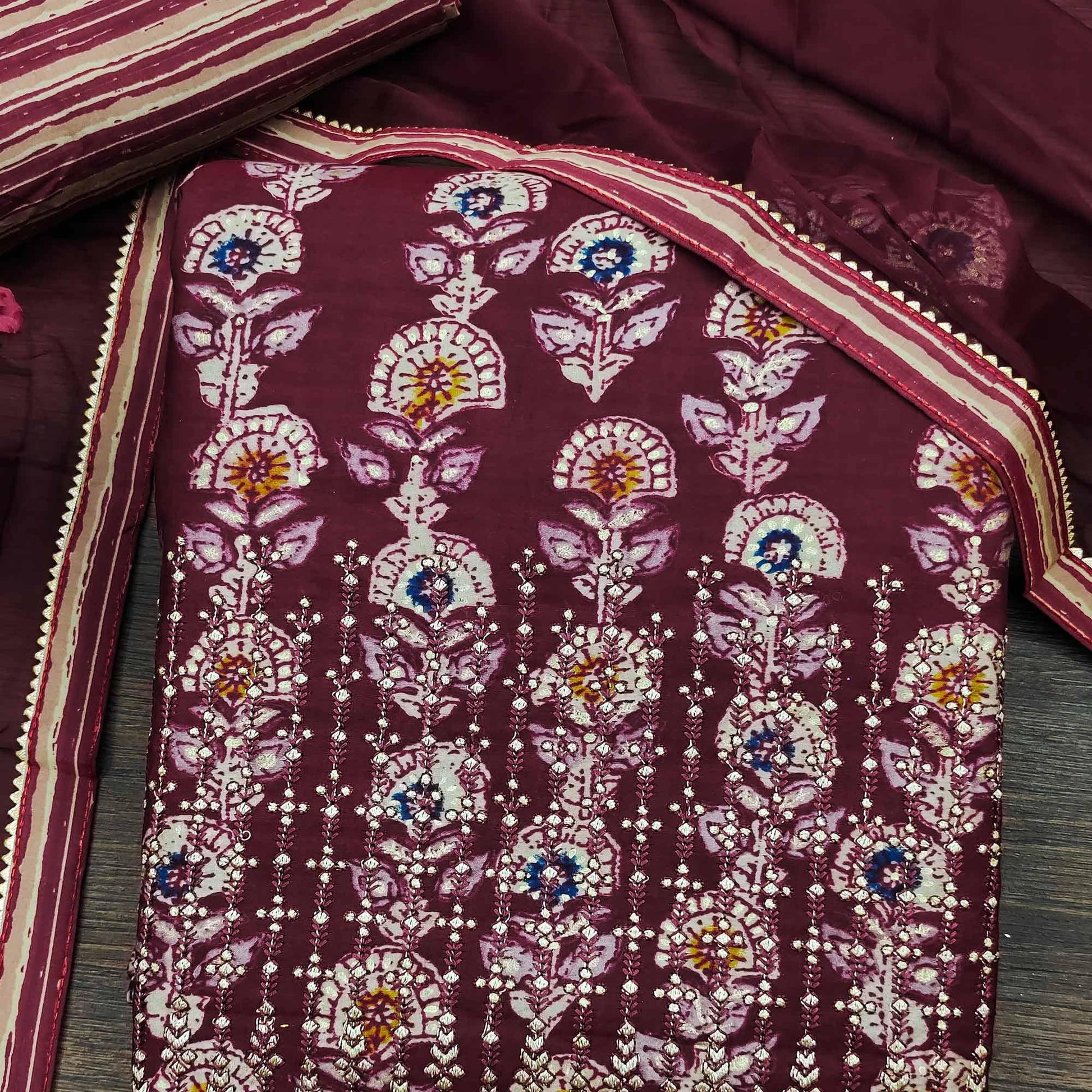 Maroon Floral Printed Pure Cotton Dress Material