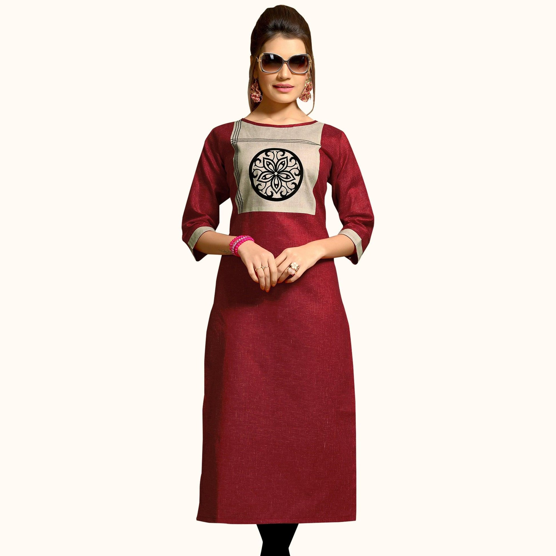 Maroon Floral Printed Pure Cotton Kurti