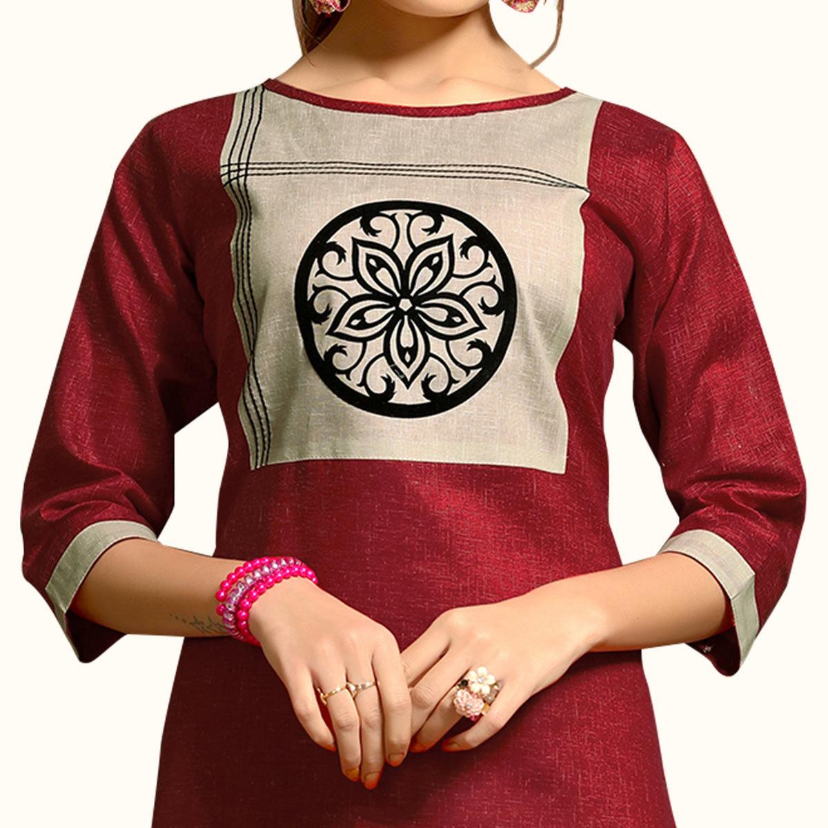 Maroon Floral Printed Pure Cotton Kurti