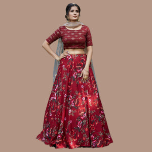 Maroon Floral Printed Raw Silk Lehenga Choli