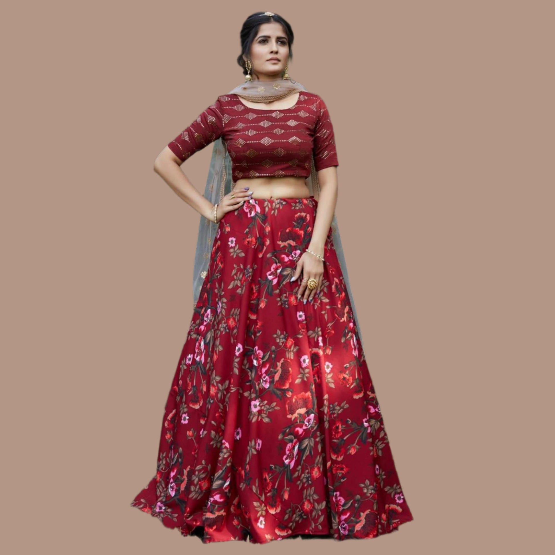 Maroon Floral Printed Raw Silk Lehenga Choli