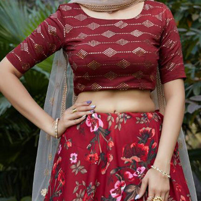 Maroon Floral Printed Raw Silk Lehenga Choli