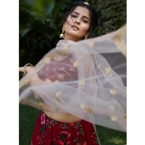 Maroon Floral Printed Raw Silk Lehenga Choli
