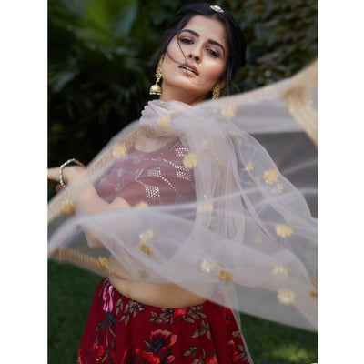 Maroon Floral Printed Raw Silk Lehenga Choli