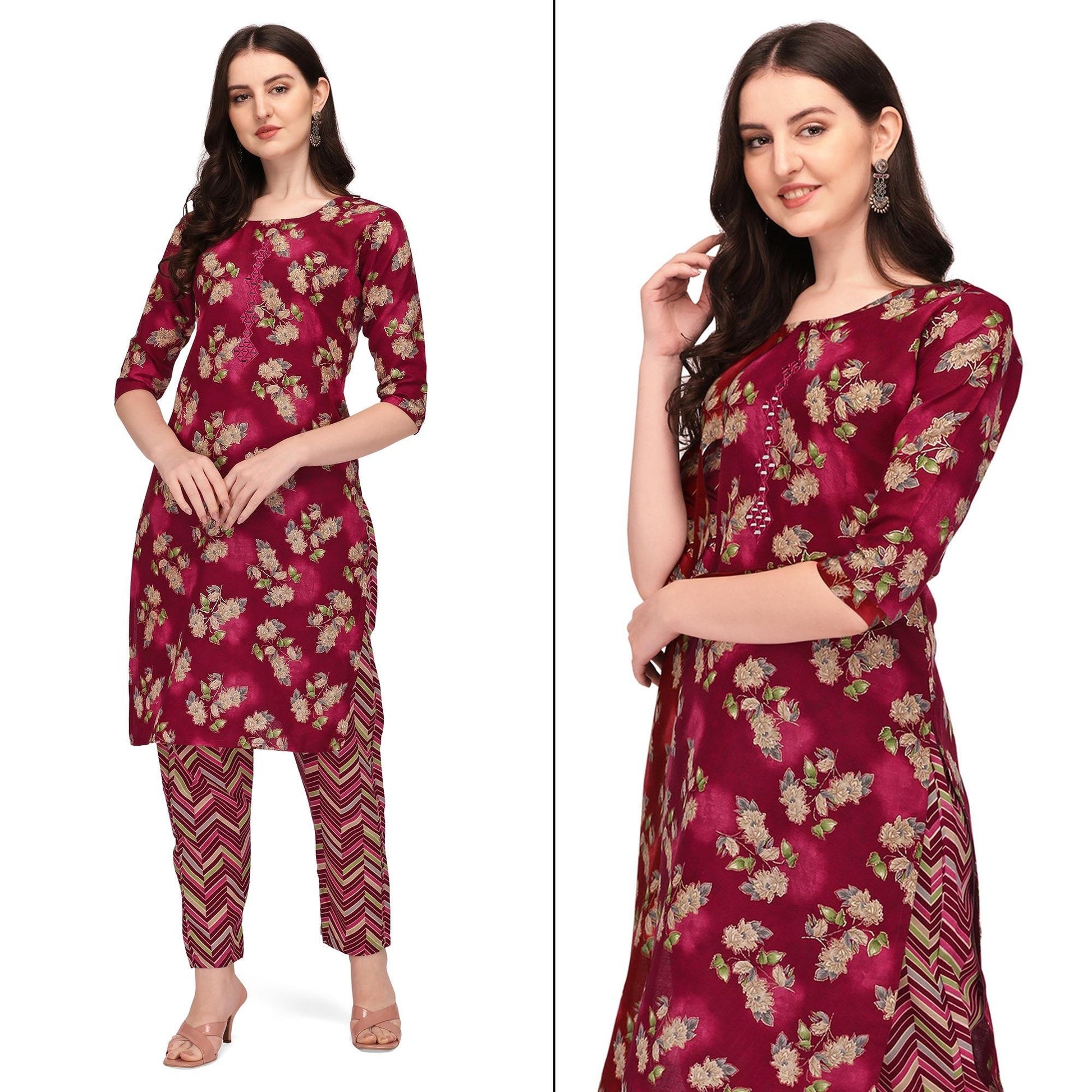 Maroon Floral Printed With Embroidered Cotton Blend Kurti Pant Set