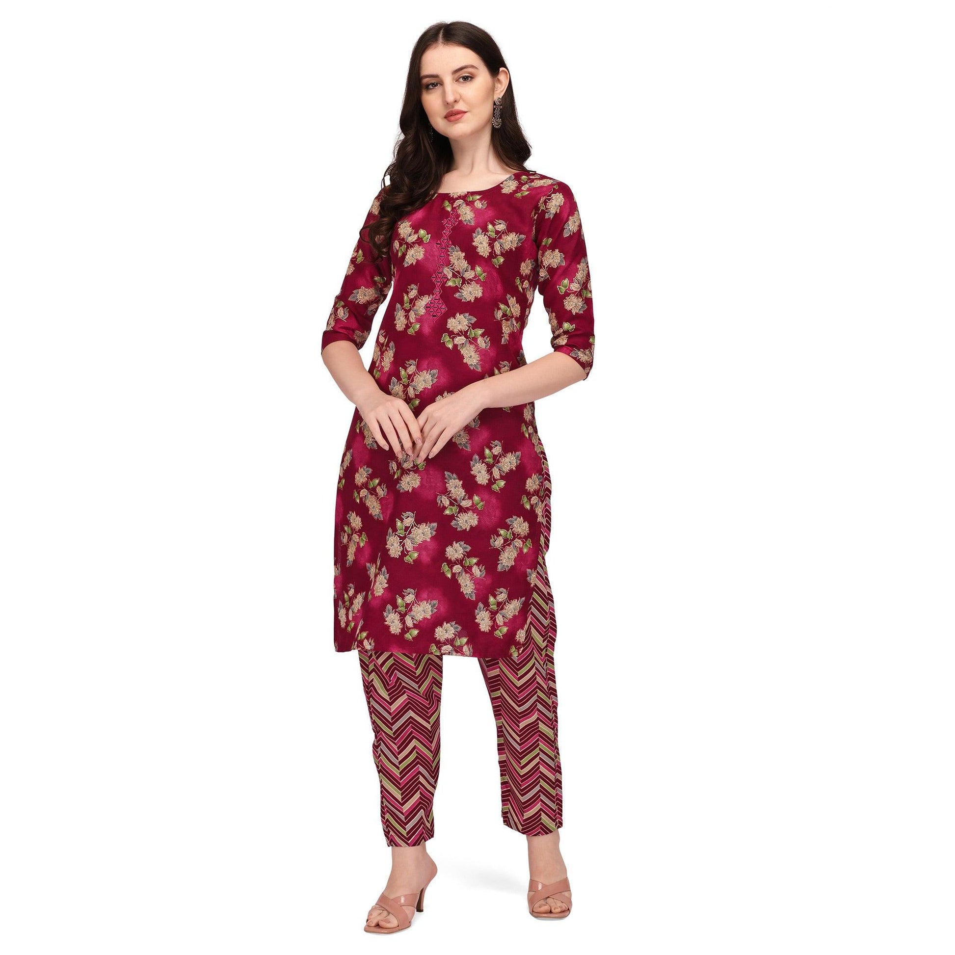 Maroon Floral Printed With Embroidered Cotton Blend Kurti Pant Set