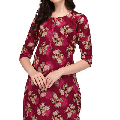 Maroon Floral Printed With Embroidered Cotton Blend Kurti Pant Set