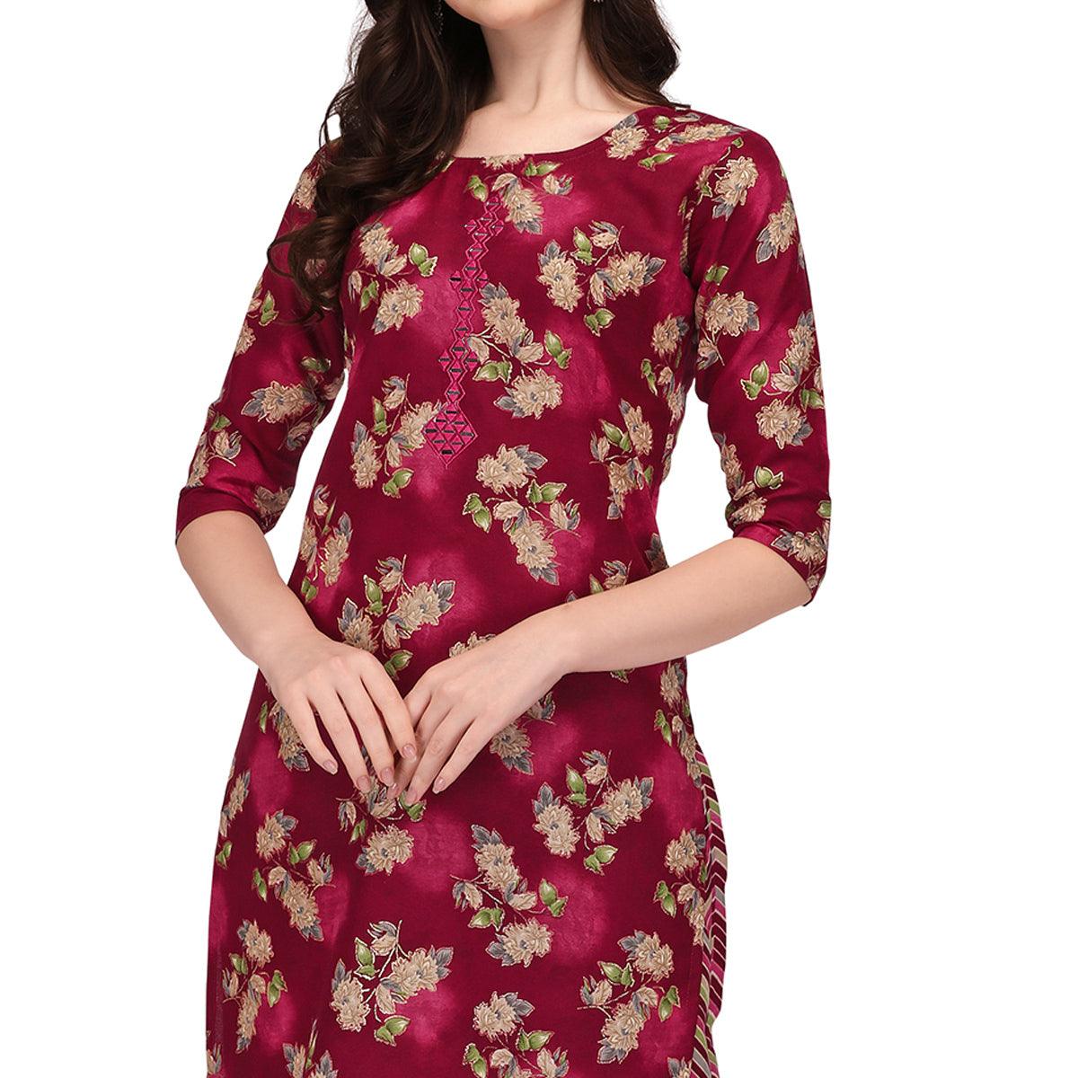 Maroon Floral Printed With Embroidered Cotton Blend Kurti Pant Set