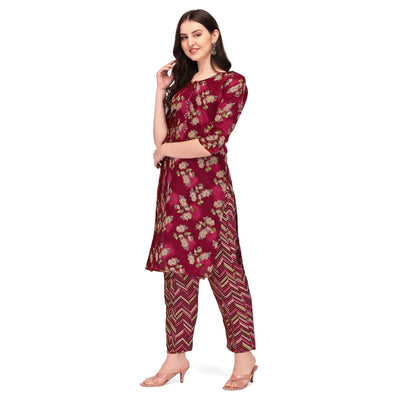 Maroon Floral Printed With Embroidered Cotton Blend Kurti Pant Set
