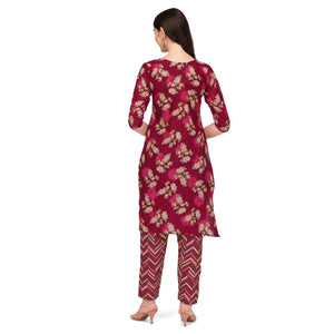 Maroon Floral Printed With Embroidered Cotton Blend Kurti Pant Set