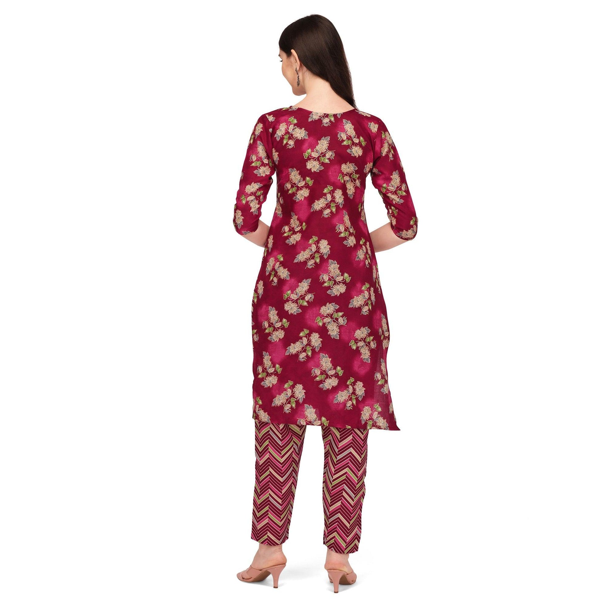 Maroon Floral Printed With Embroidered Cotton Blend Kurti Pant Set