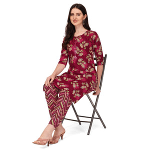 Maroon Floral Printed With Embroidered Cotton Blend Kurti Pant Set