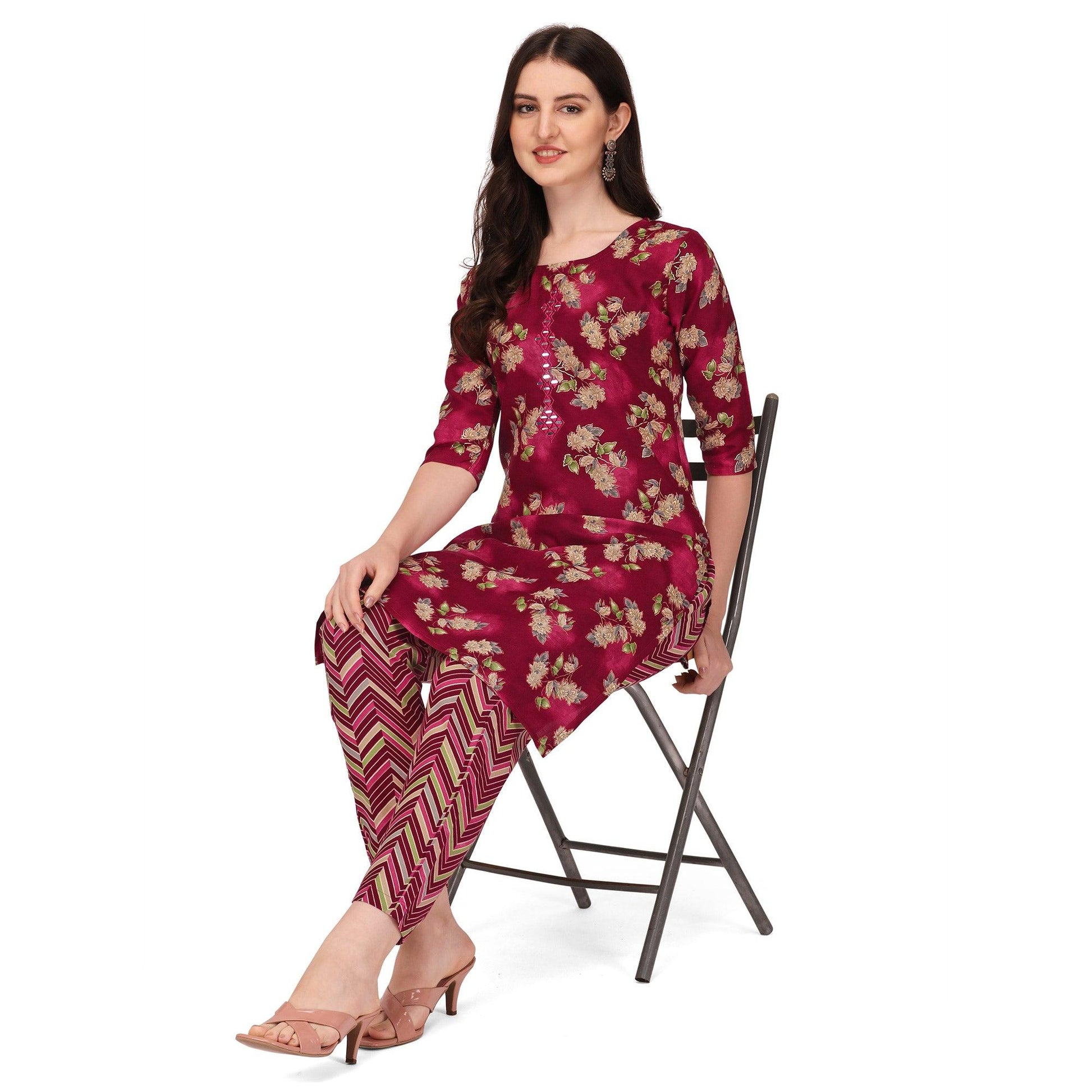 Maroon Floral Printed With Embroidered Cotton Blend Kurti Pant Set