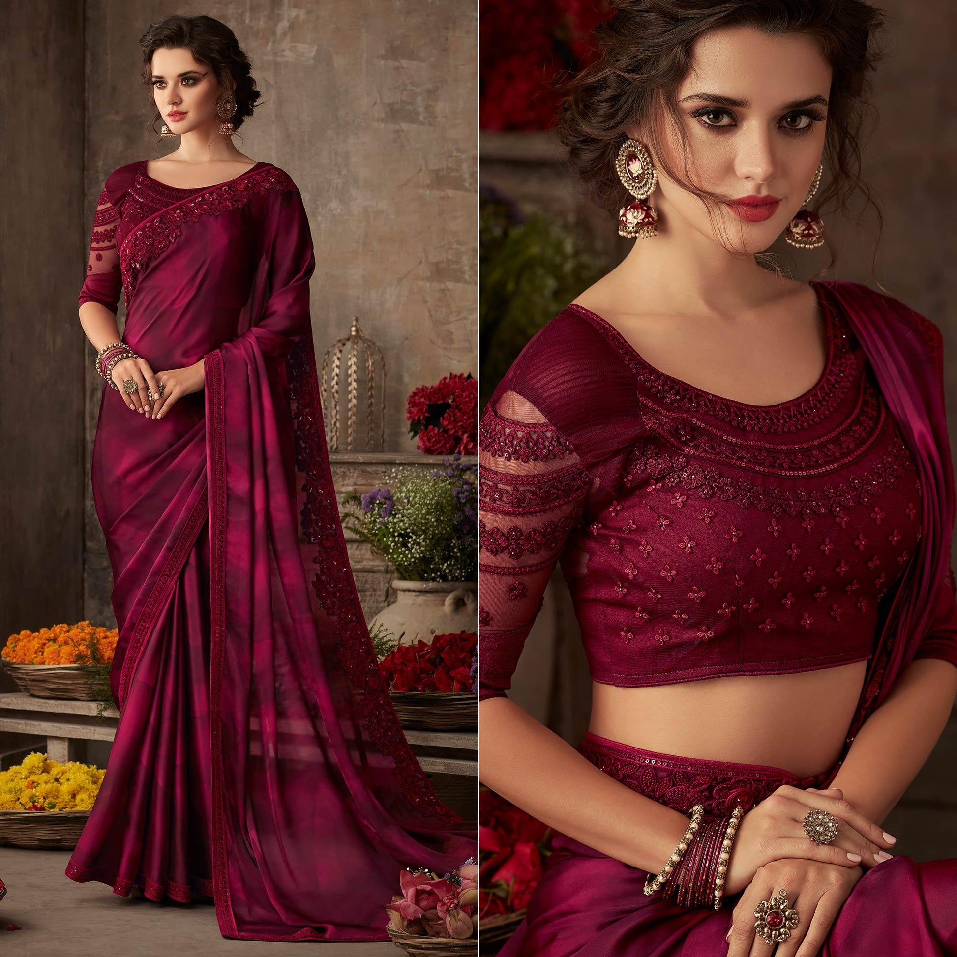 Maroon Floral Sequins Embroidered Art SIlk Saree