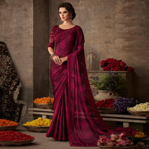 Maroon Floral Sequins Embroidered Art SIlk Saree