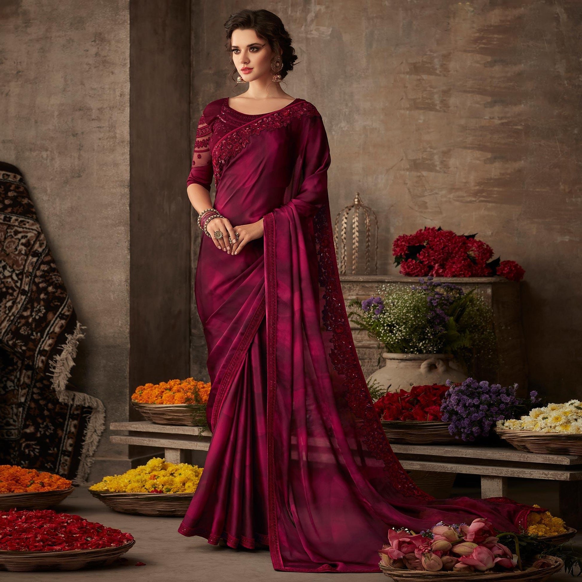 Maroon Floral Sequins Embroidered Art SIlk Saree