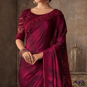 Maroon Floral Sequins Embroidered Art SIlk Saree