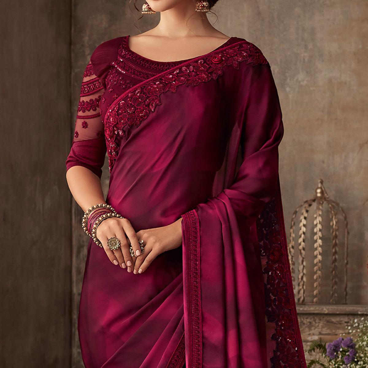 Maroon Floral Sequins Embroidered Art SIlk Saree
