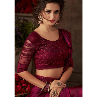 Maroon Floral Sequins Embroidered Art SIlk Saree