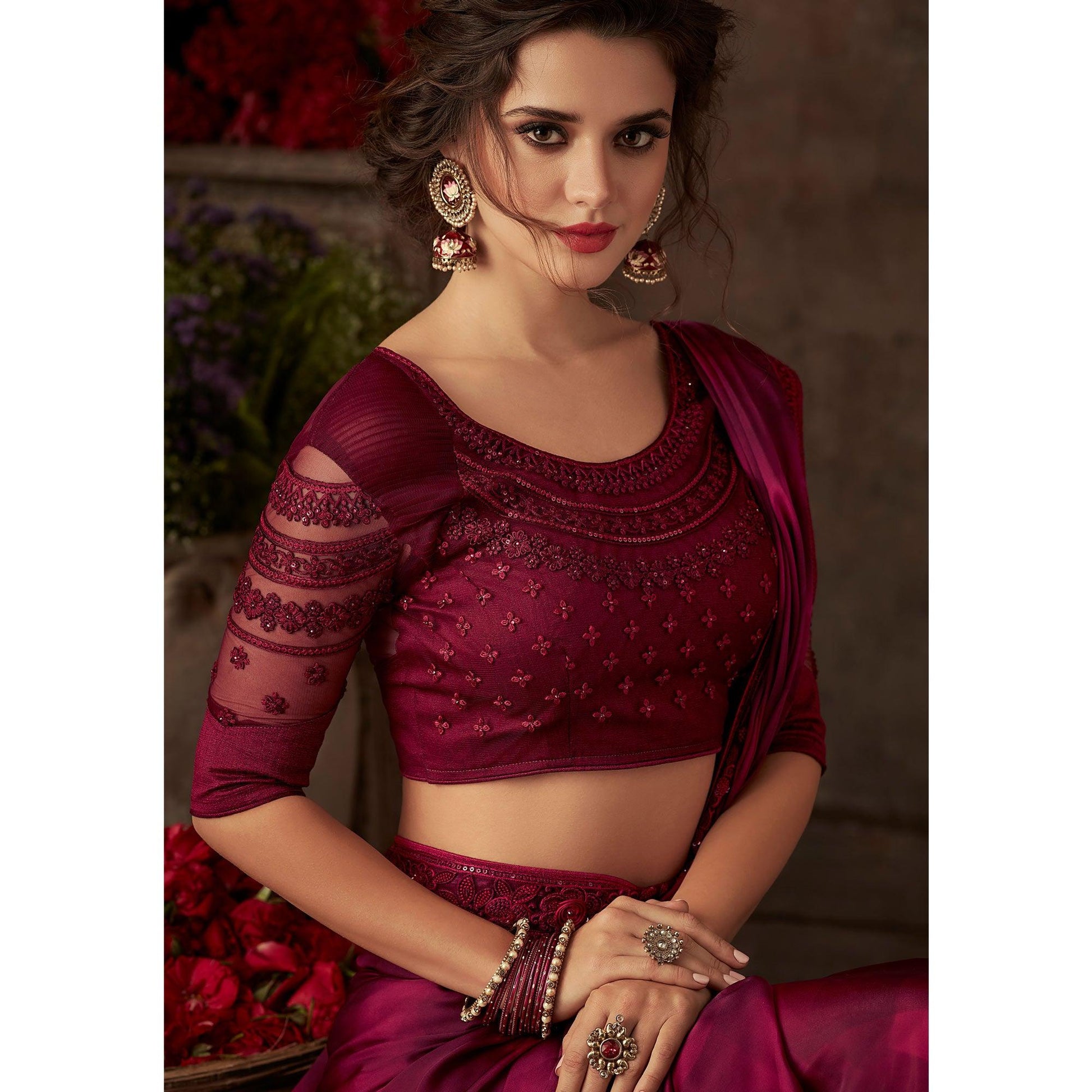 Maroon Floral Sequins Embroidered Art SIlk Saree