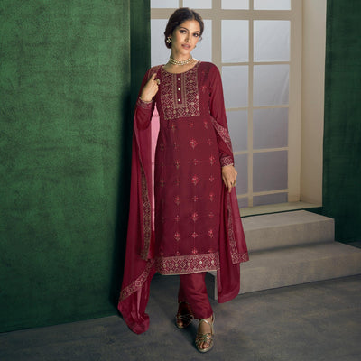 Maroon Floral Sequins Embroidered Georgette Partywear Suit