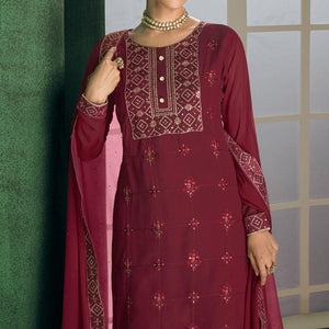Maroon Floral Sequins Embroidered Georgette Partywear Suit