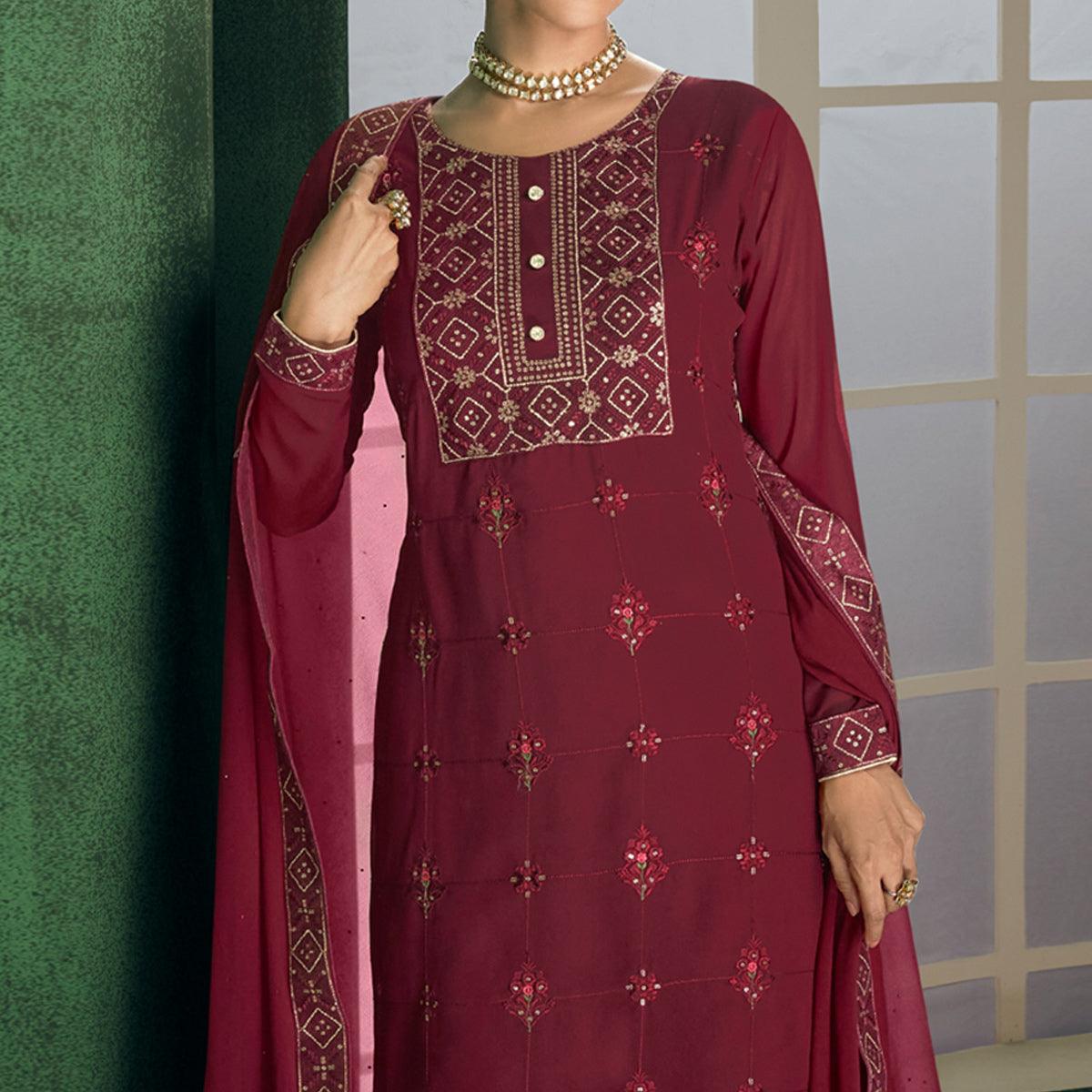Maroon Floral Sequins Embroidered Georgette Partywear Suit
