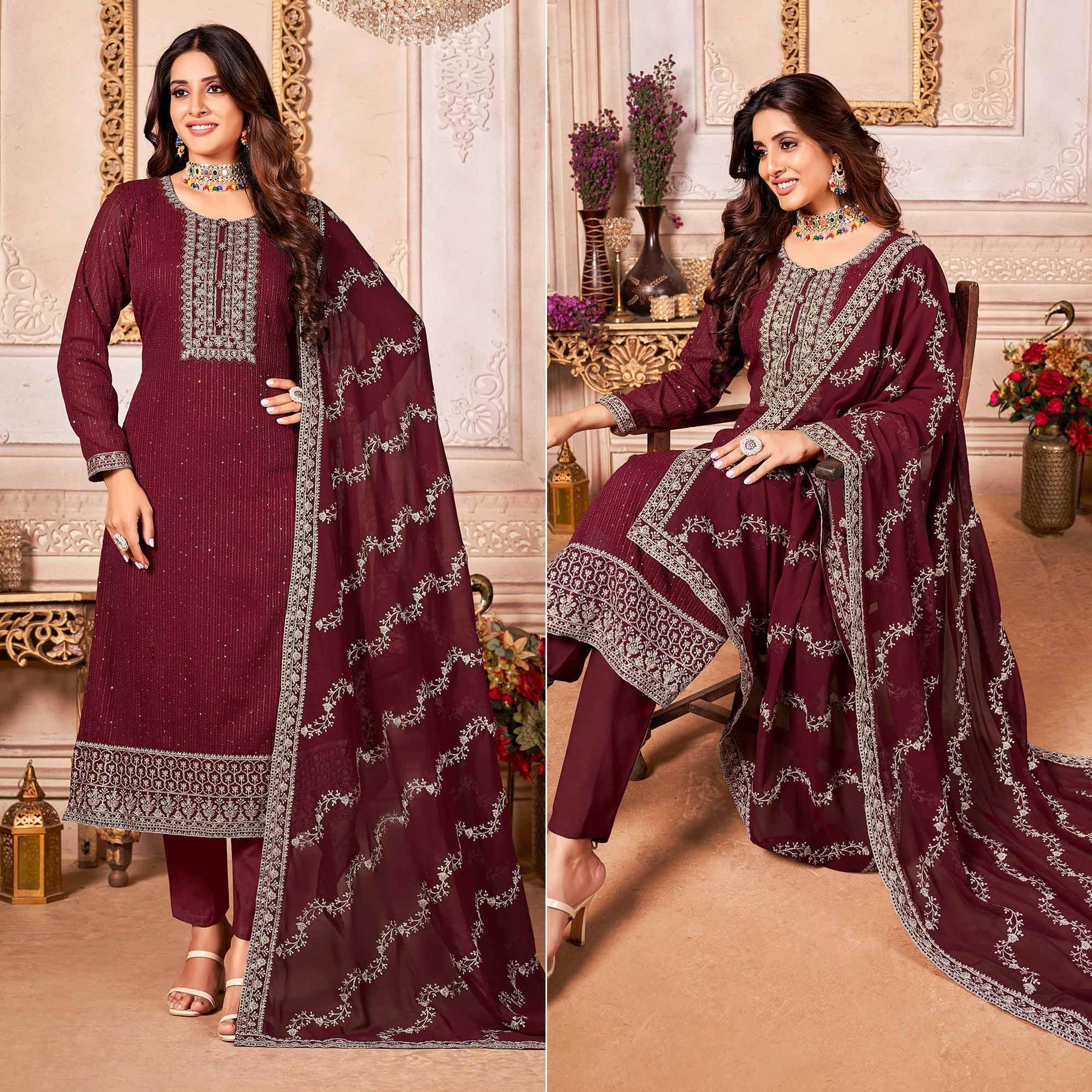 Maroon Floral Sequins Embroidered Georgette Salwar Suit