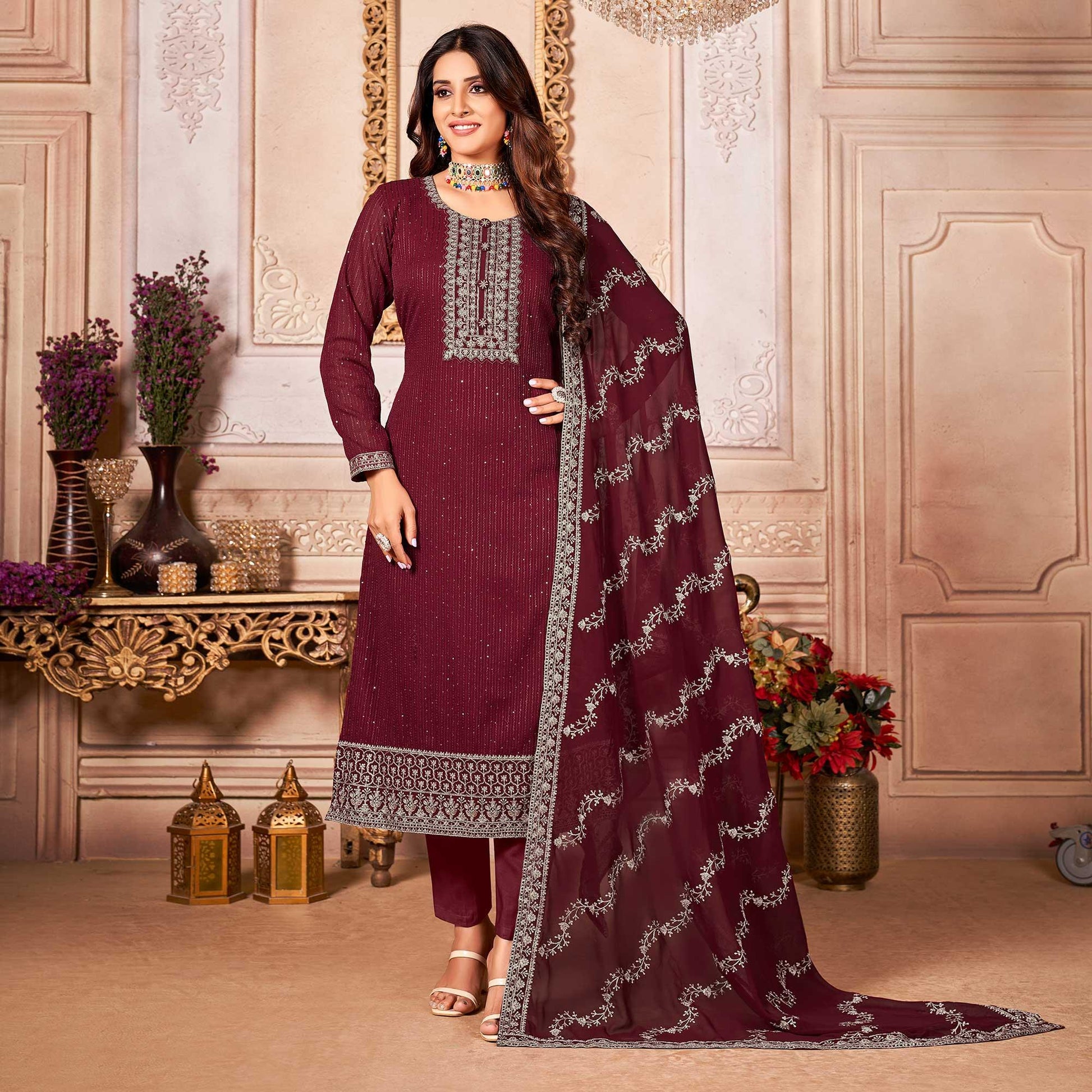 Maroon Floral Sequins Embroidered Georgette Salwar Suit