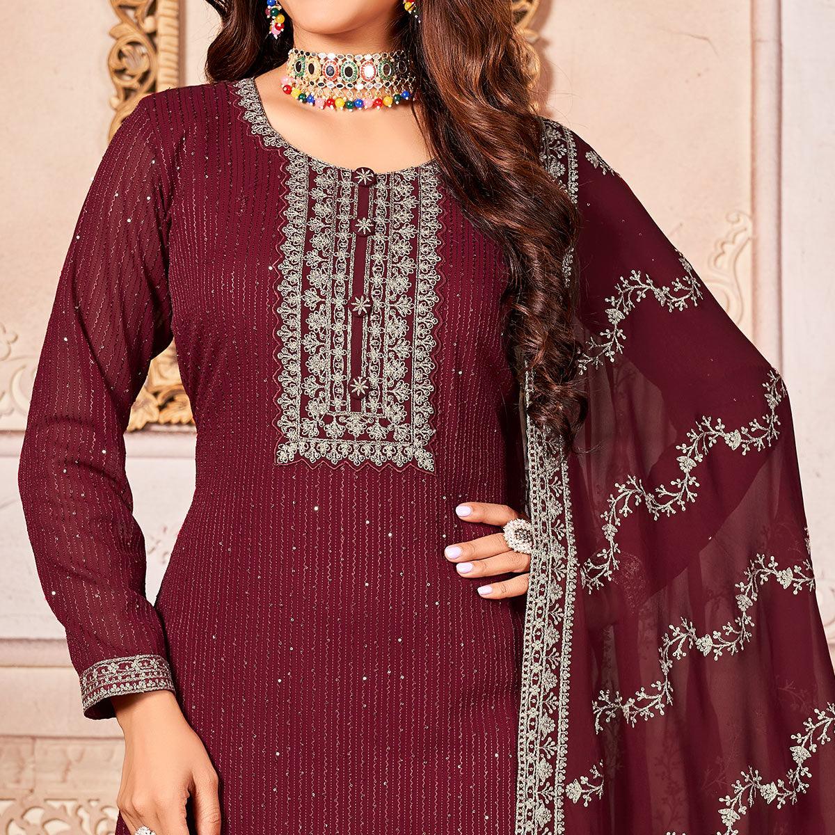 Maroon Floral Sequins Embroidered Georgette Salwar Suit
