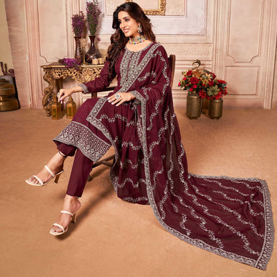 Maroon Floral Sequins Embroidered Georgette Salwar Suit
