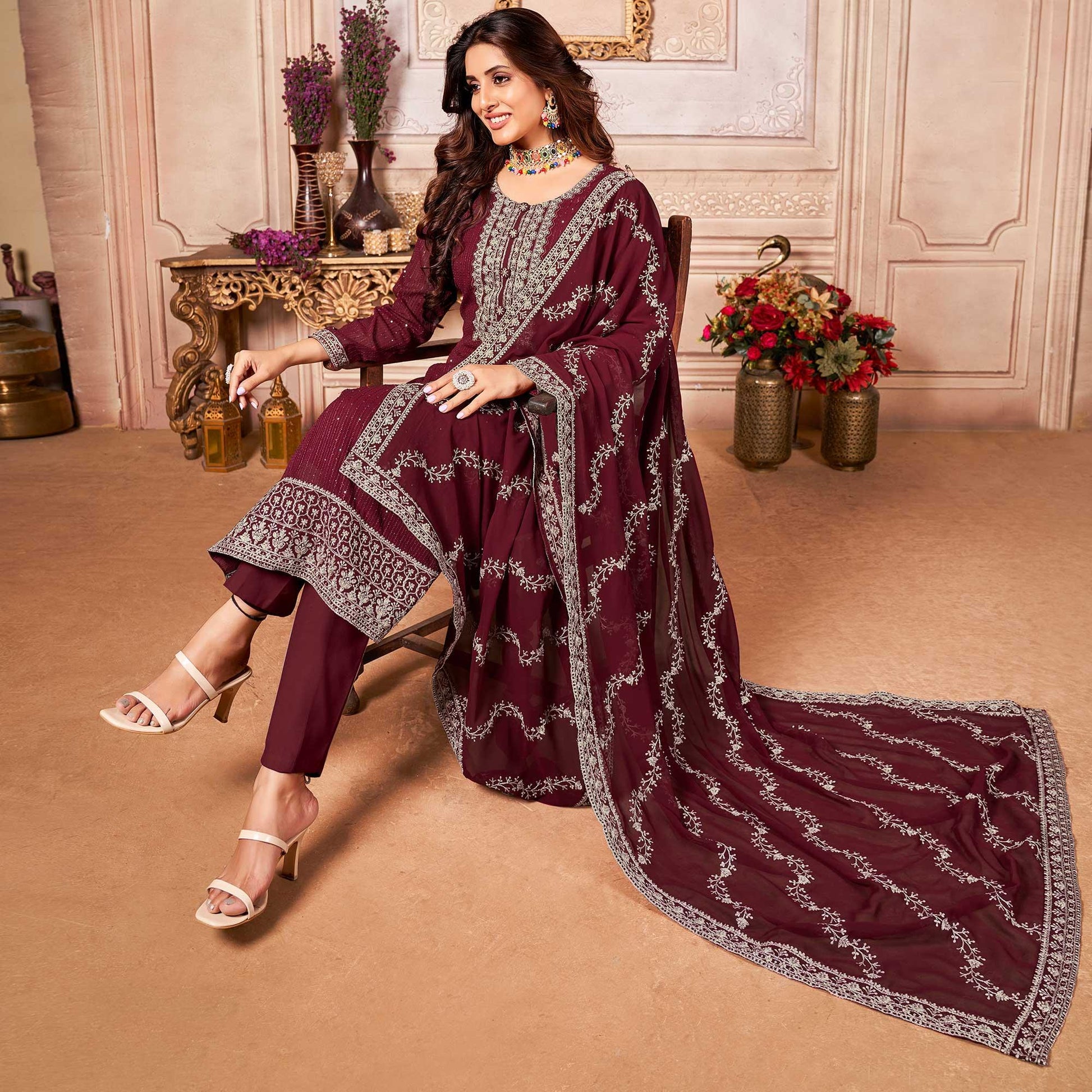 Maroon Floral Sequins Embroidered Georgette Salwar Suit