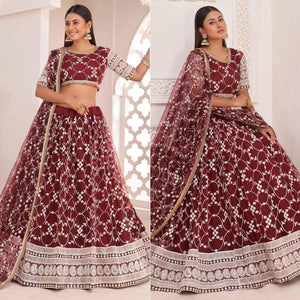 Maroon Floral Sequins Embroidered Net Lehenga Choli