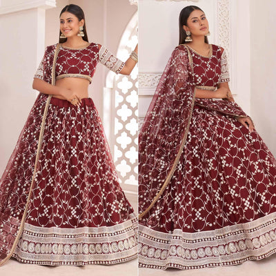 Maroon Floral Sequins Embroidered Net Lehenga Choli