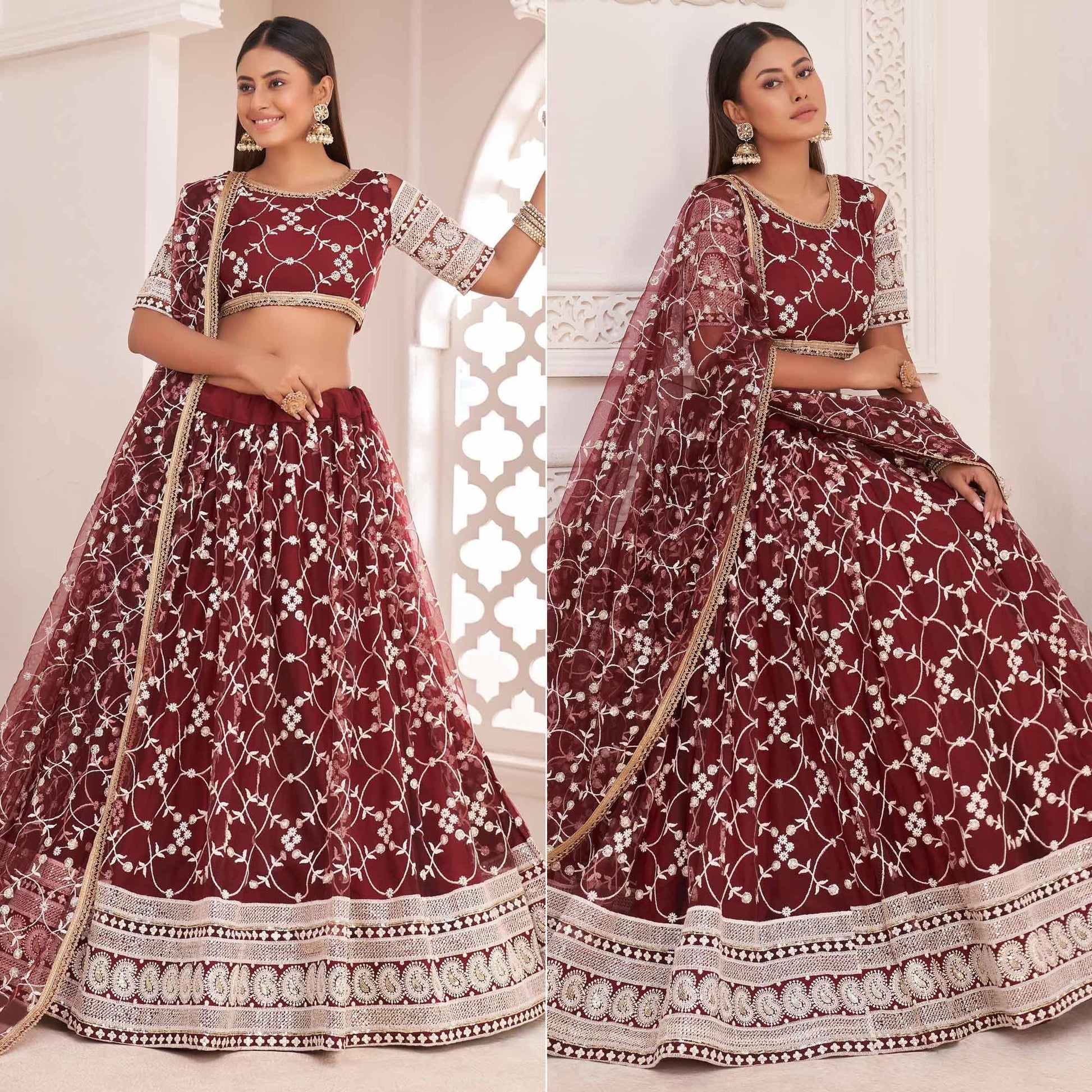 Maroon Floral Sequins Embroidered Net Lehenga Choli