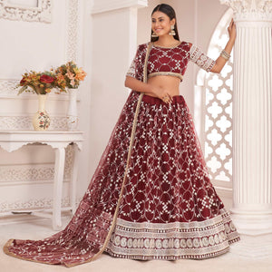 Maroon Floral Sequins Embroidered Net Lehenga Choli