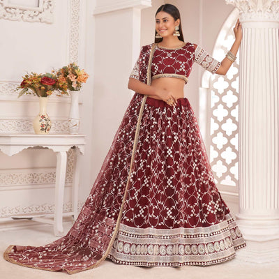 Maroon Floral Sequins Embroidered Net Lehenga Choli