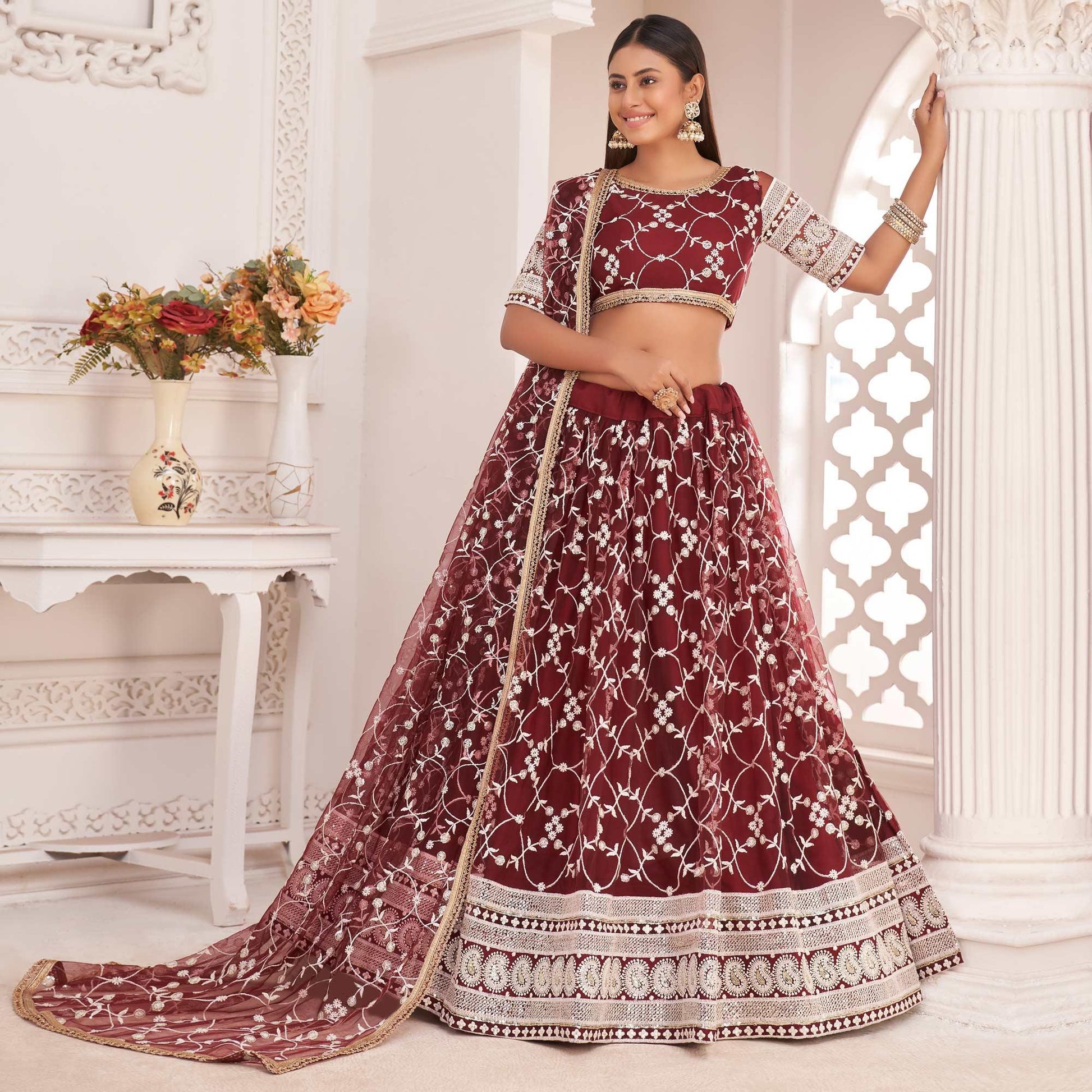 Maroon Floral Sequins Embroidered Net Lehenga Choli