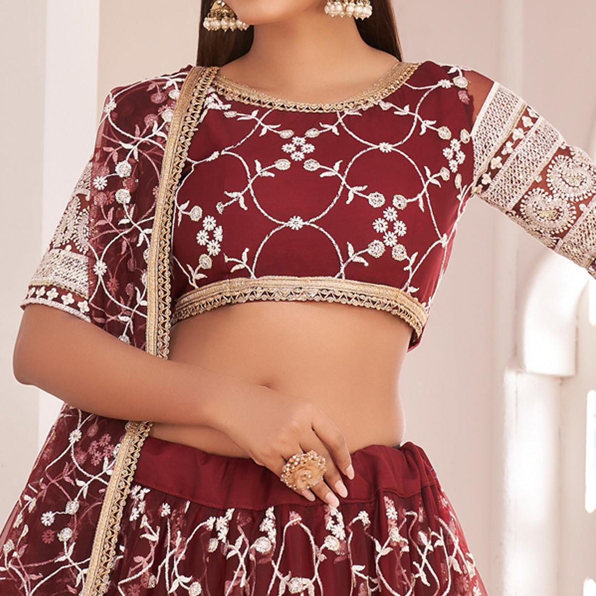 Maroon Floral Sequins Embroidered Net Lehenga Choli