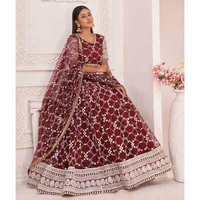 Maroon Floral Sequins Embroidered Net Lehenga Choli