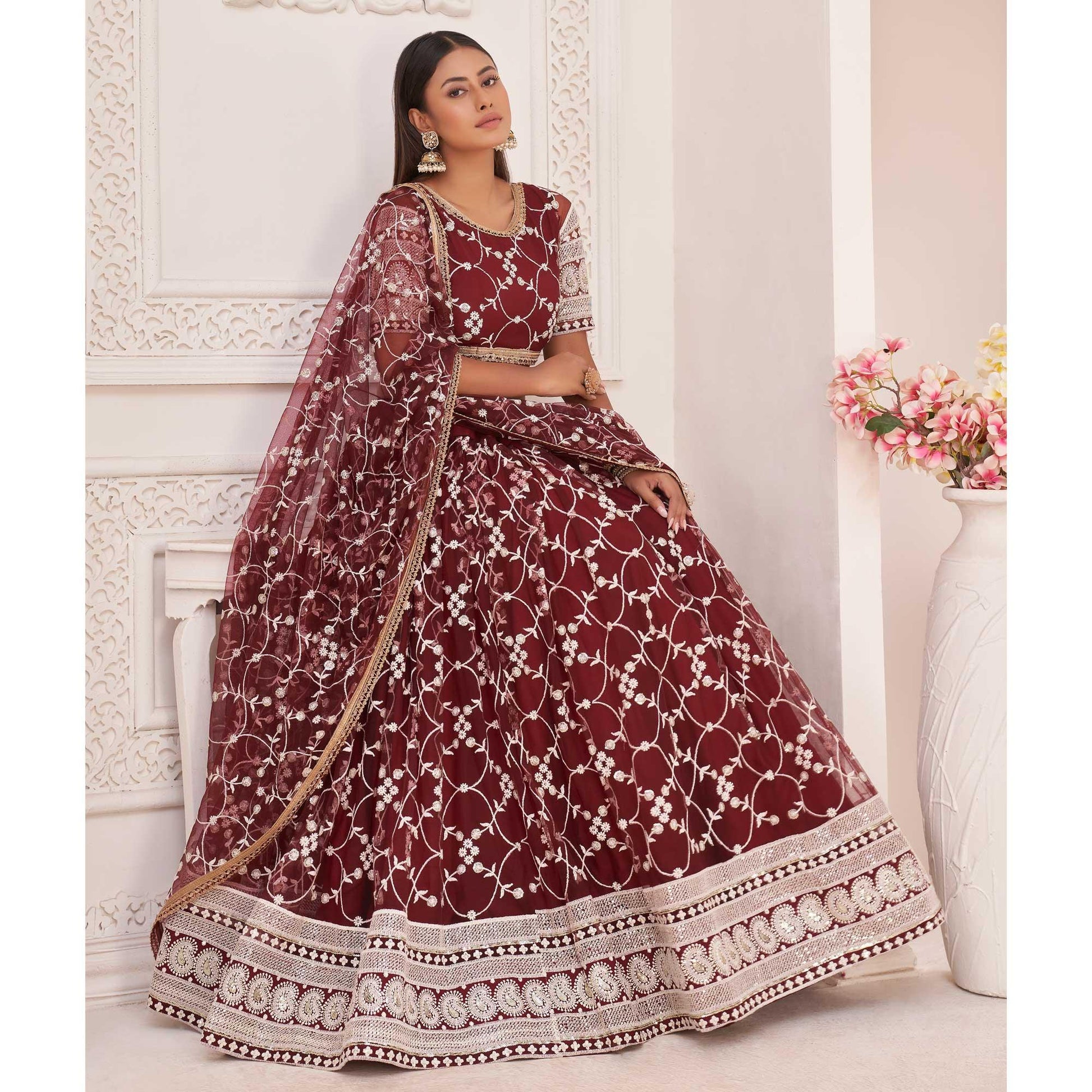 Maroon Floral Sequins Embroidered Net Lehenga Choli