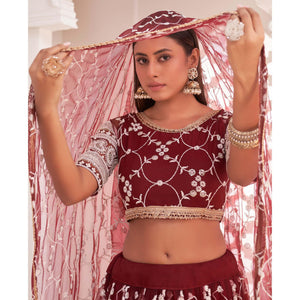 Maroon Floral Sequins Embroidered Net Lehenga Choli