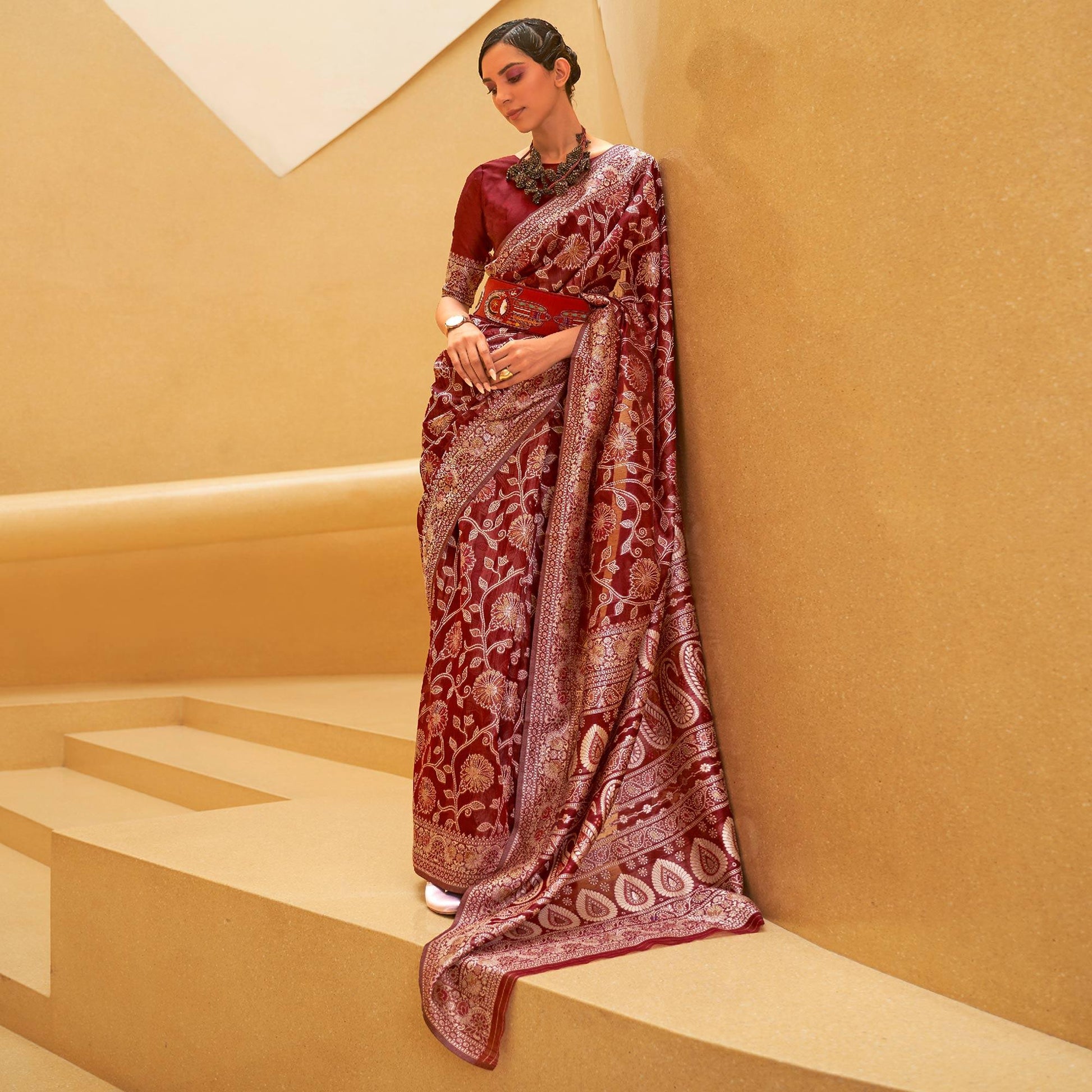 Maroon Floral Woven Art Silk Saree