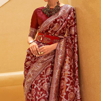 Maroon Floral Woven Art Silk Saree