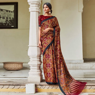 Maroon Foil Digital Printed Cotton Blend Saree