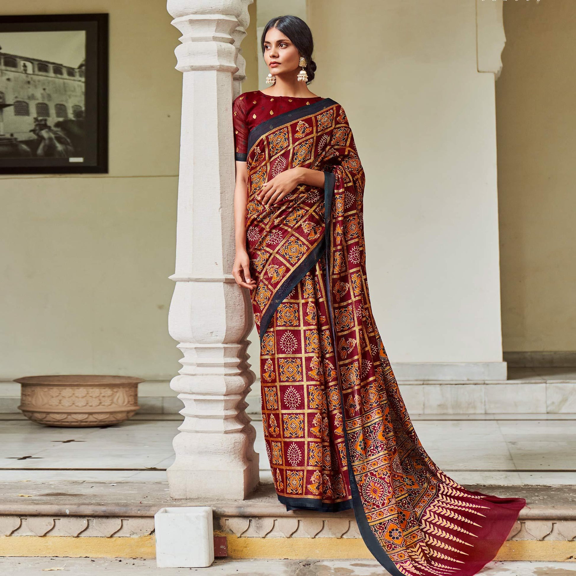 Maroon Foil Digital Printed Cotton Blend Saree