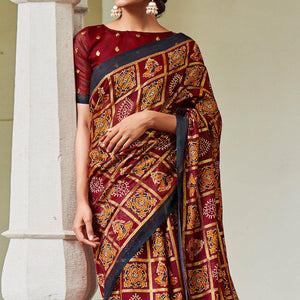 Maroon Foil Digital Printed Cotton Blend Saree