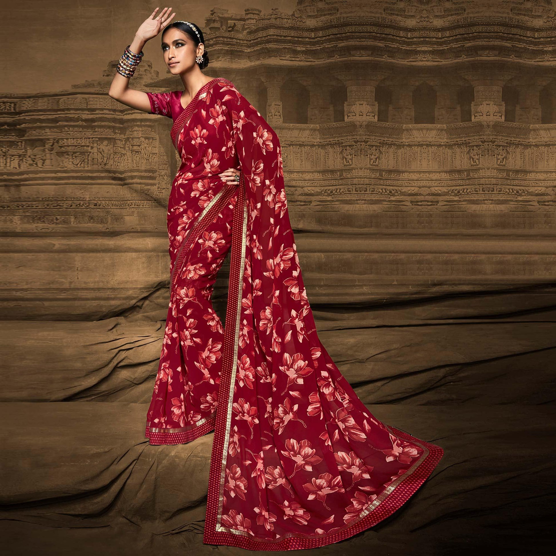 Maroon Foil Printed Georgette Saree