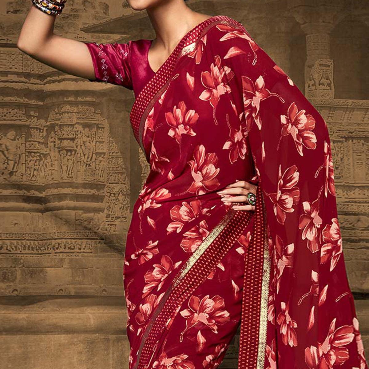 Maroon Foil Printed Georgette Saree